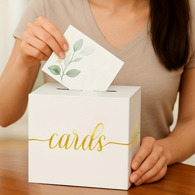 Tirelire urne à cartes en carton blanc et doré, cube 20 cm