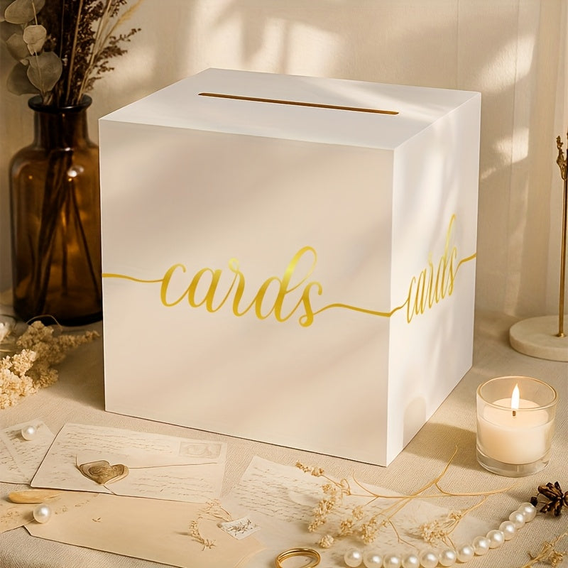 Tirelire urne à cartes en carton blanc et doré, cube 20 cm