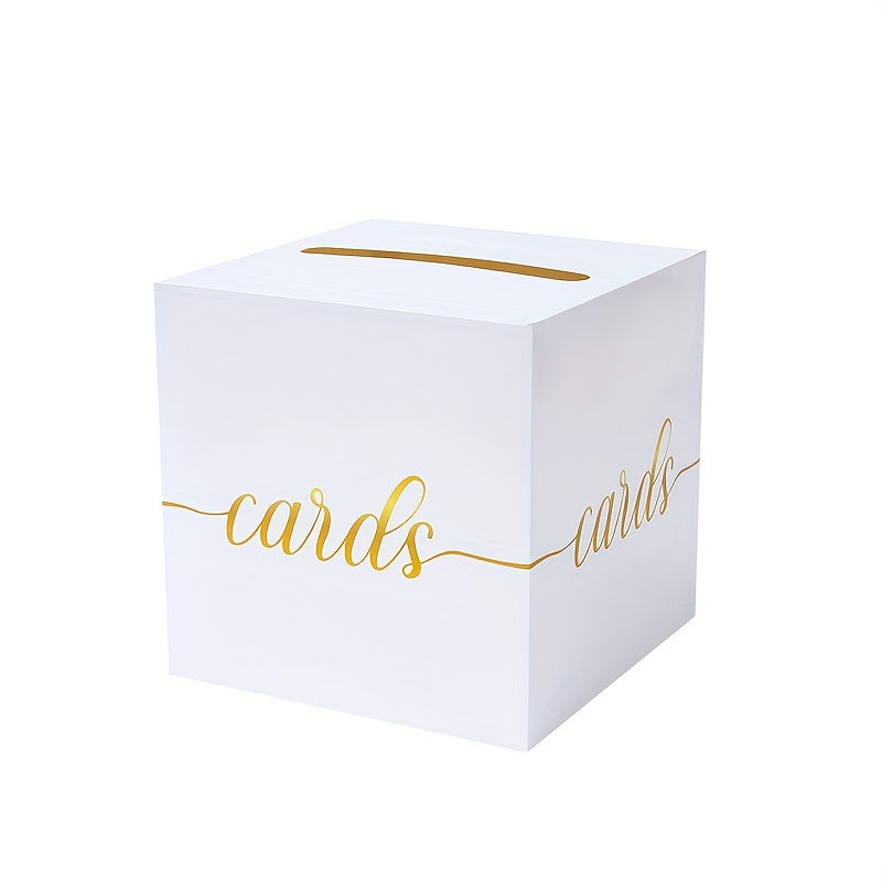 Tirelire urne à cartes en carton blanc et doré, cube 20 cm