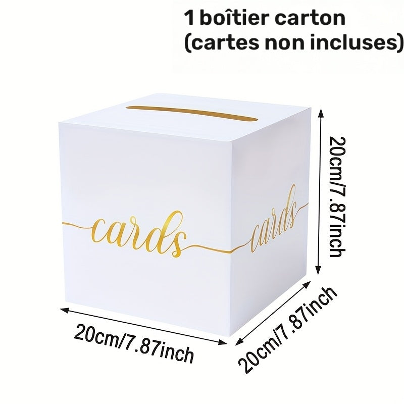 Tirelire urne à cartes en carton blanc et doré, cube 20 cm
