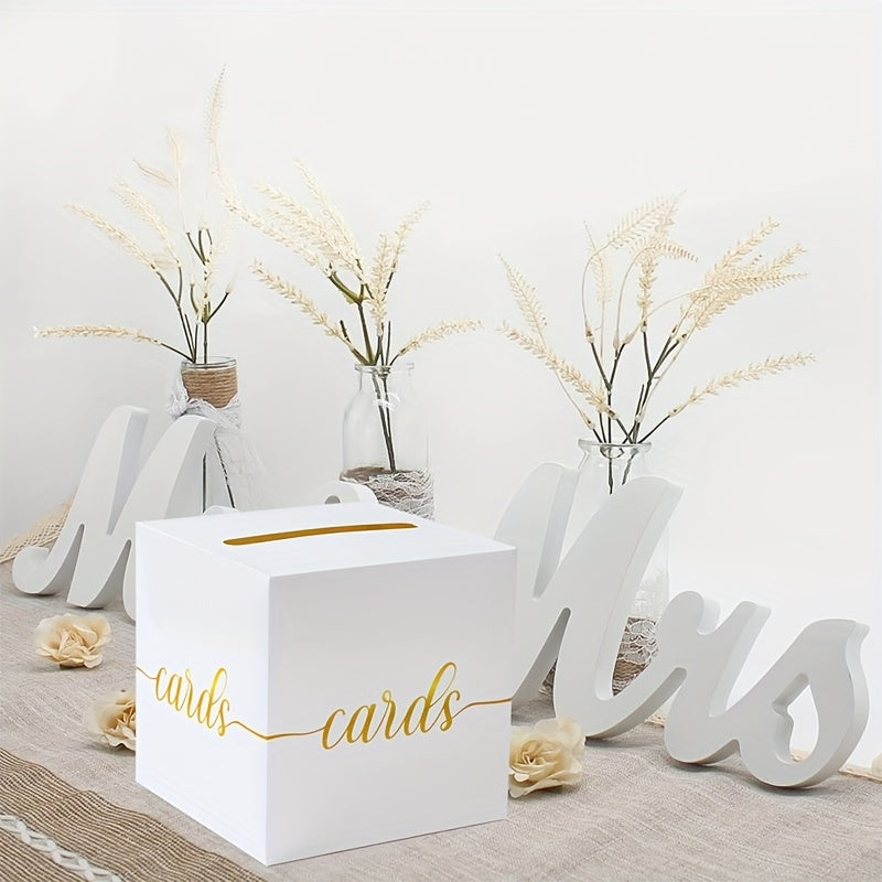 Tirelire urne à cartes en carton blanc et doré, cube 20 cm