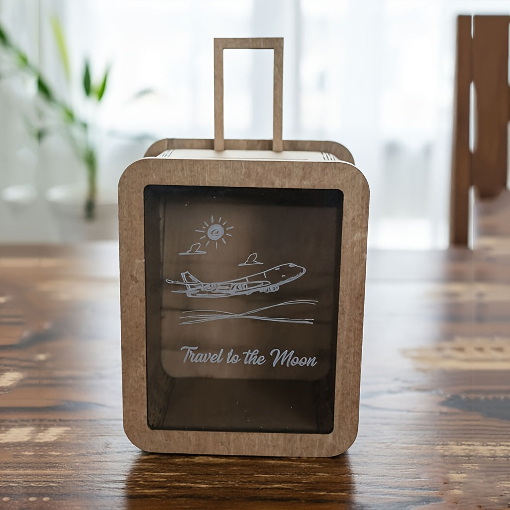 Tirelire valise en bois à hublot acrylique et avion gravé
