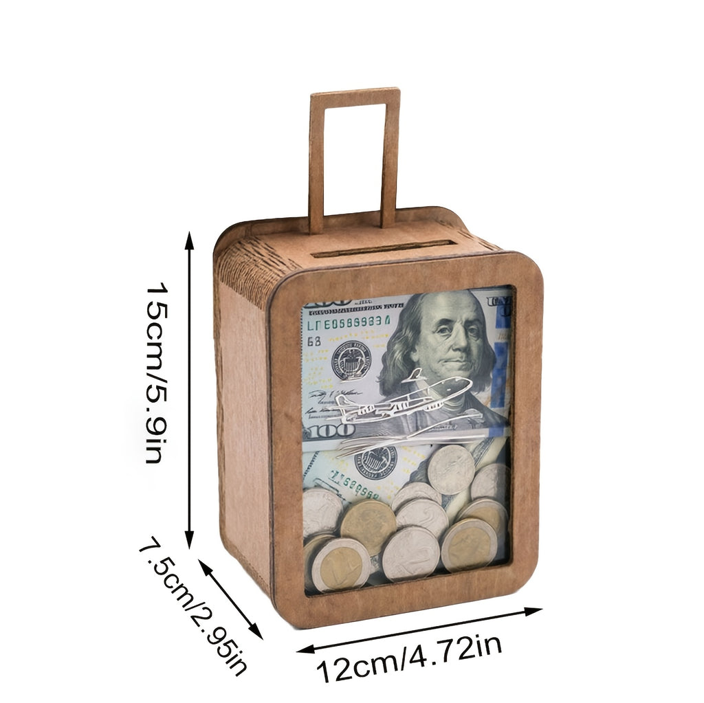 Tirelire valise en bois à hublot acrylique et avion gravé