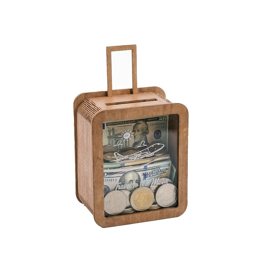 Tirelire valise en bois à hublot acrylique et avion gravé