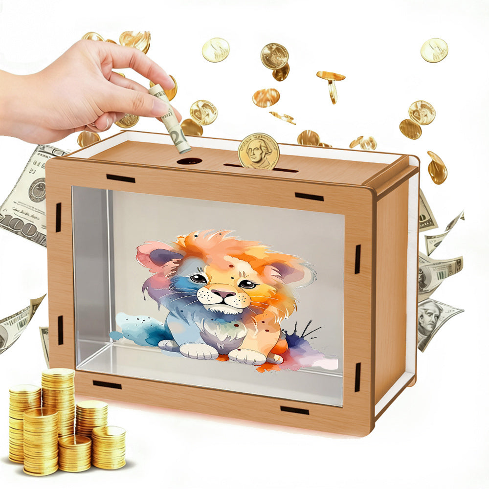 Tirelire vitrine bois et acrylique, lion aquarelle coloré