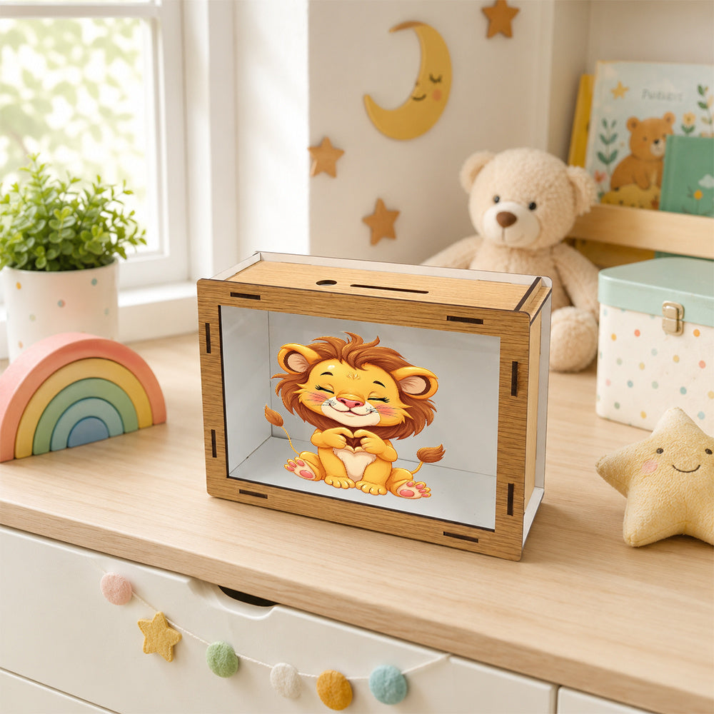 Tirelire vitrine en bois à lionceau et fenêtre acrylique