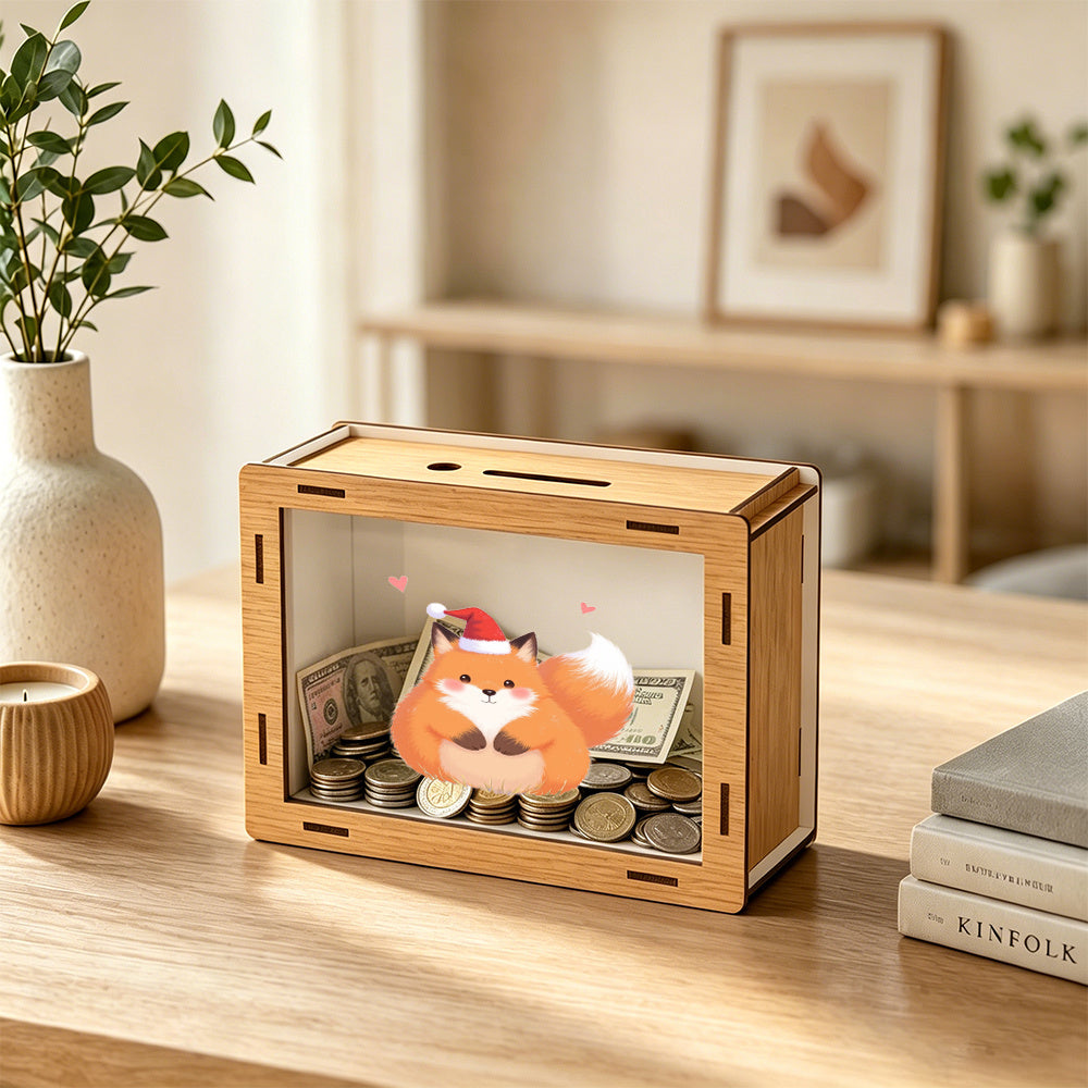 Tirelire vitrine en bois à monter, renard au bonnet de Noël