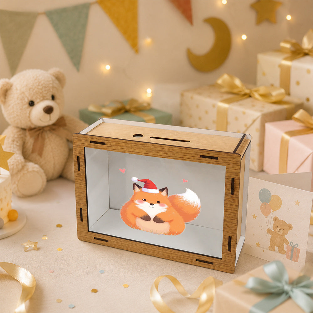 Tirelire vitrine en bois à monter, renard au bonnet de Noël