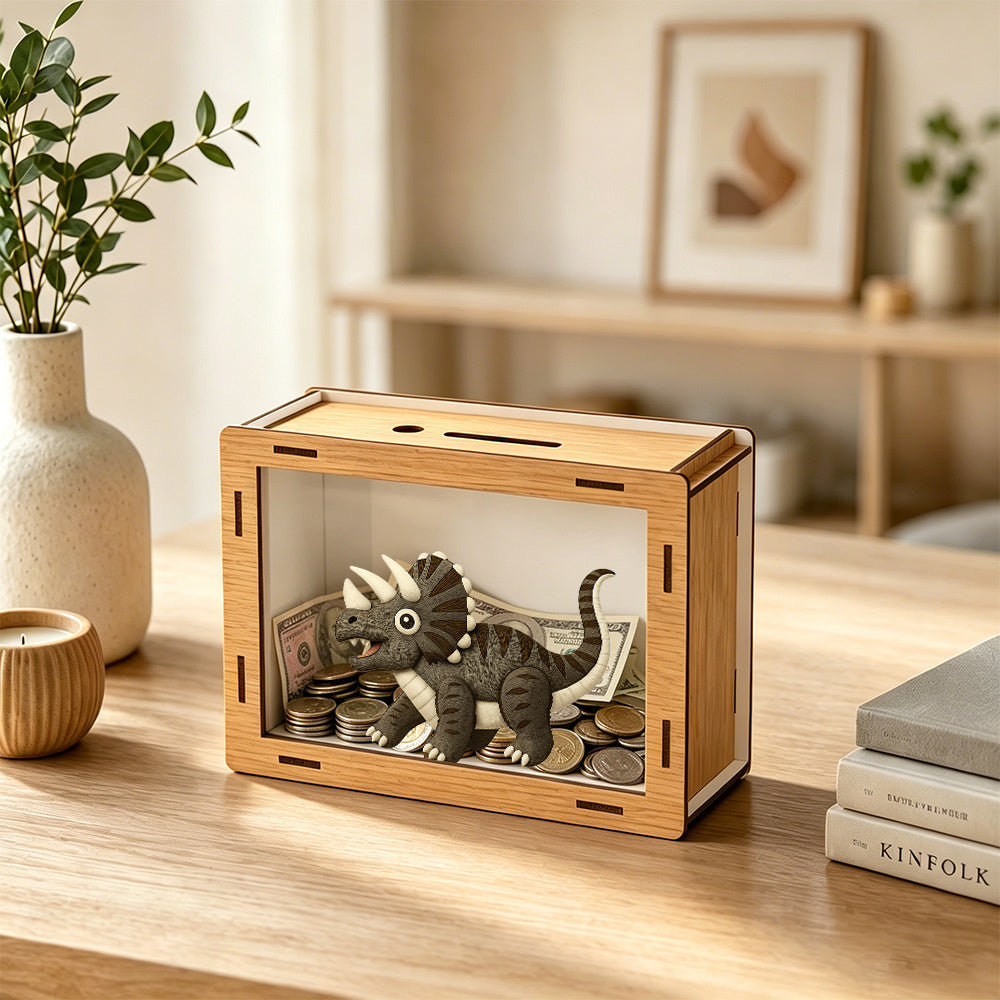 Tirelire vitrine en bois avec scène de dinosaure visible