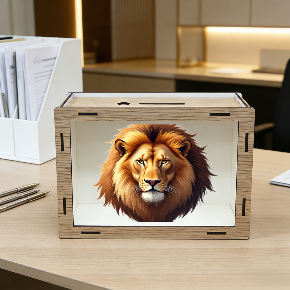 Tirelire vitrine en bois, tête de lion imprimée pleine page