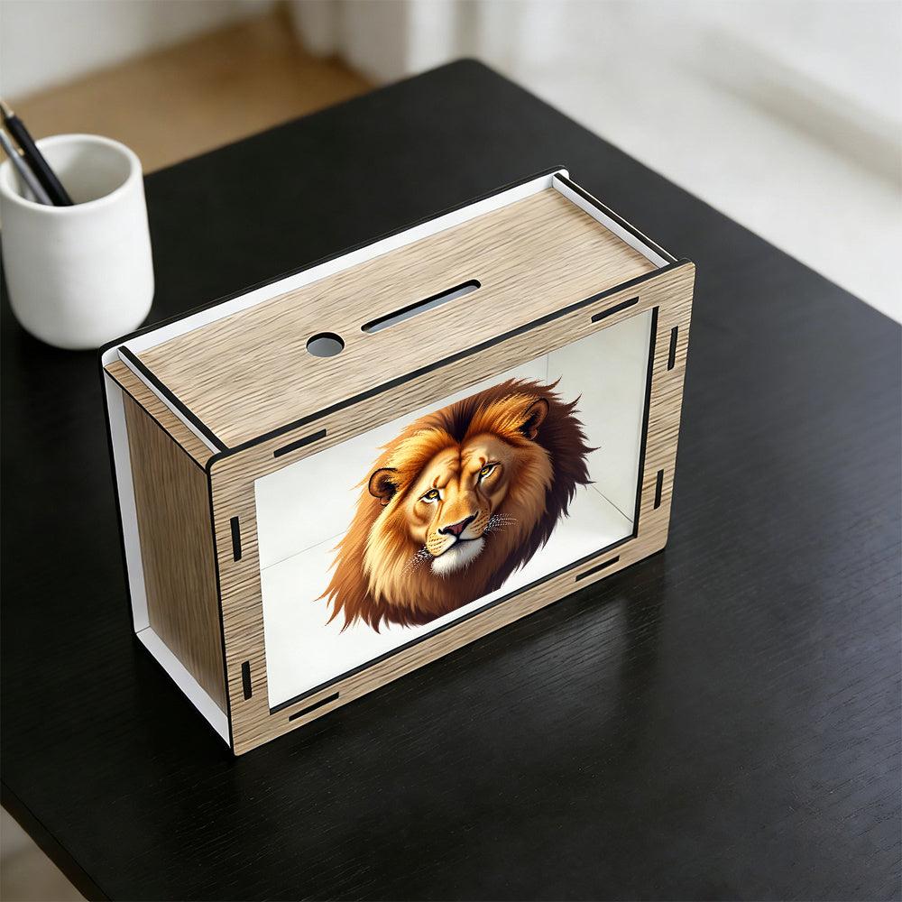 Tirelire vitrine en bois, tête de lion imprimée pleine page