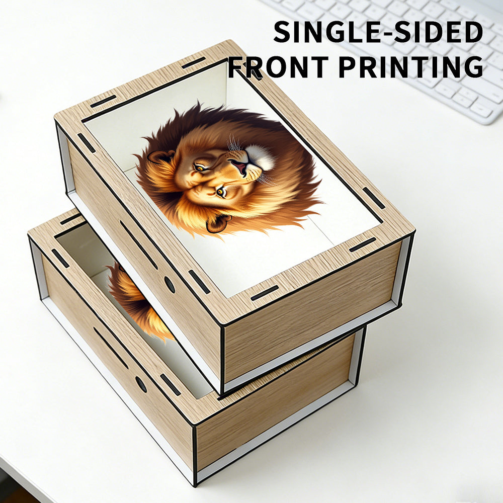 Tirelire vitrine en bois, tête de lion imprimée pleine page