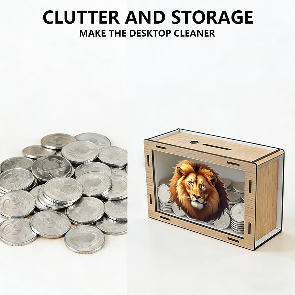 Tirelire vitrine en bois, tête de lion imprimée pleine page