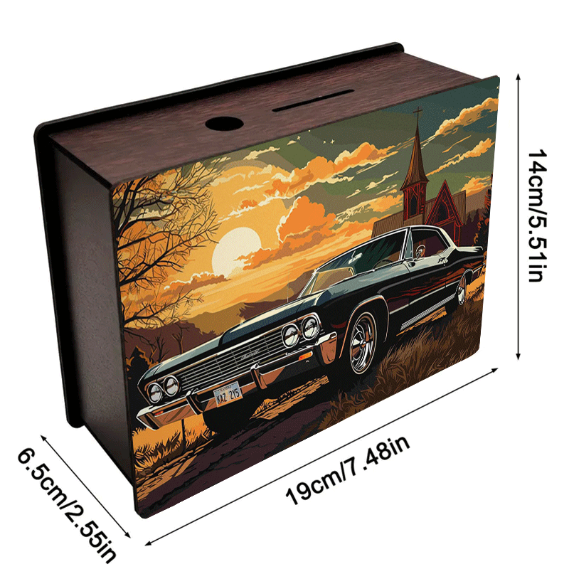 Tirelire voiture américaine vintage en bois — 19 x 14 cm