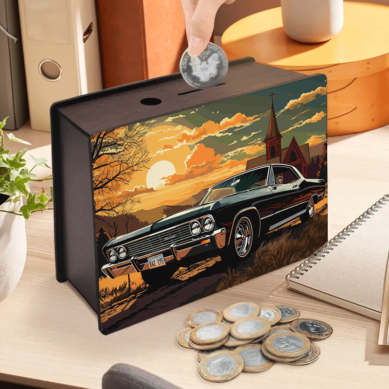 Tirelire voiture américaine vintage en bois — 19 x 14 cm