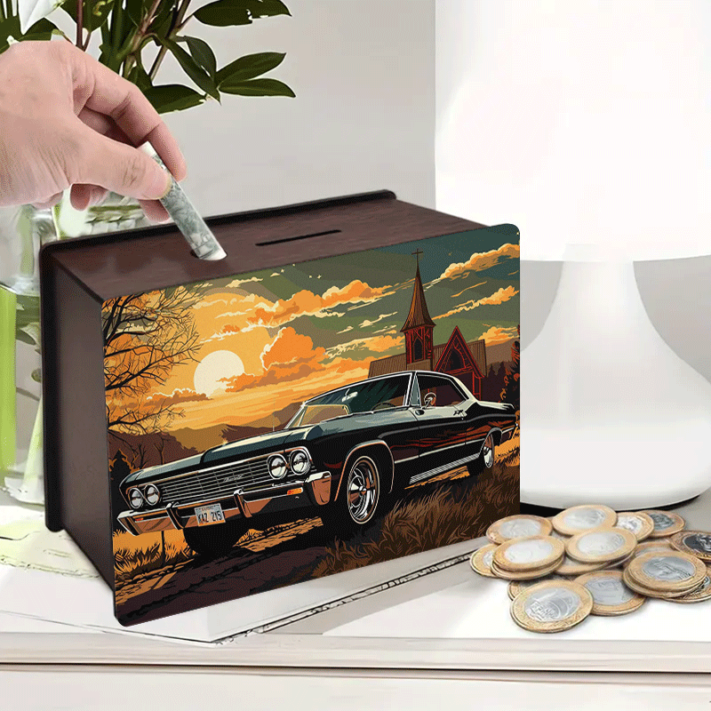 Tirelire voiture américaine vintage en bois — 19 x 14 cm
