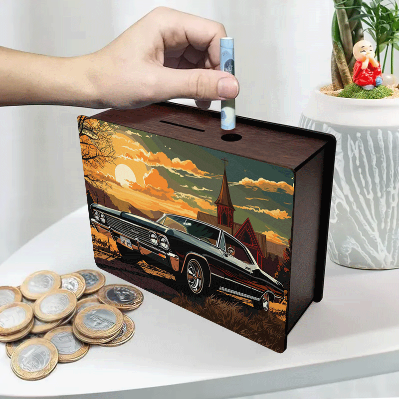 Tirelire voiture américaine vintage en bois — 19 x 14 cm