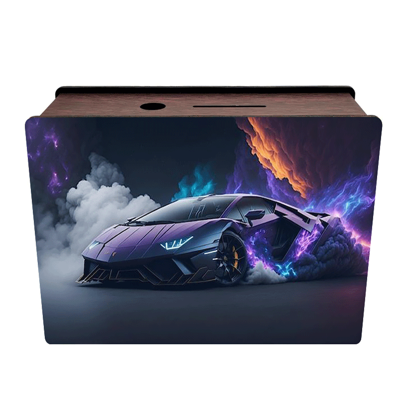 Tirelire voiture en bois 19 cm — coupé violet et nébuleuse