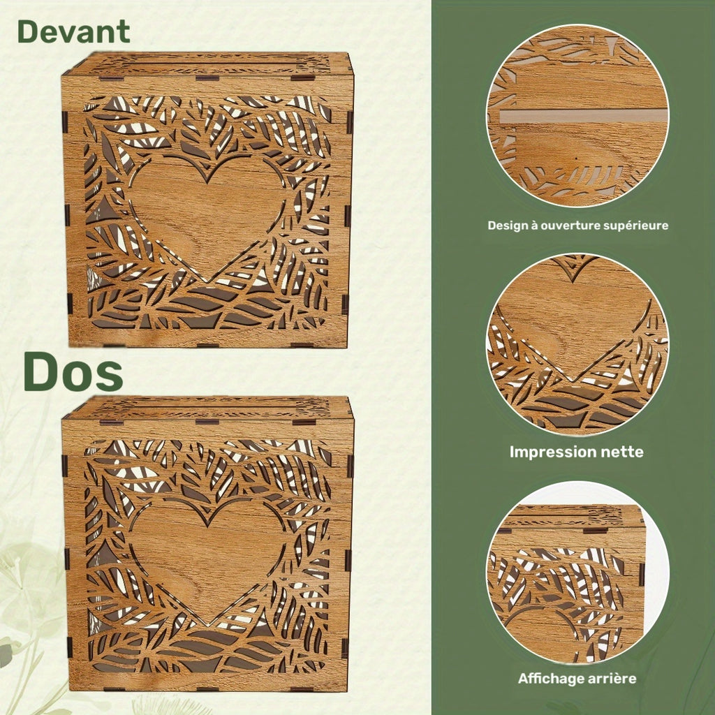 Tirelire urne à cartes en bois ajouré, motif cœur et feuillage