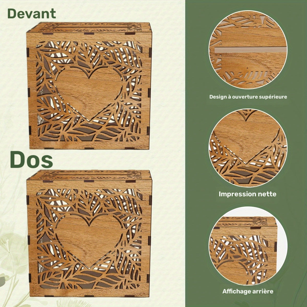 Tirelire urne à cartes en bois ajouré, motif cœur et feuillage