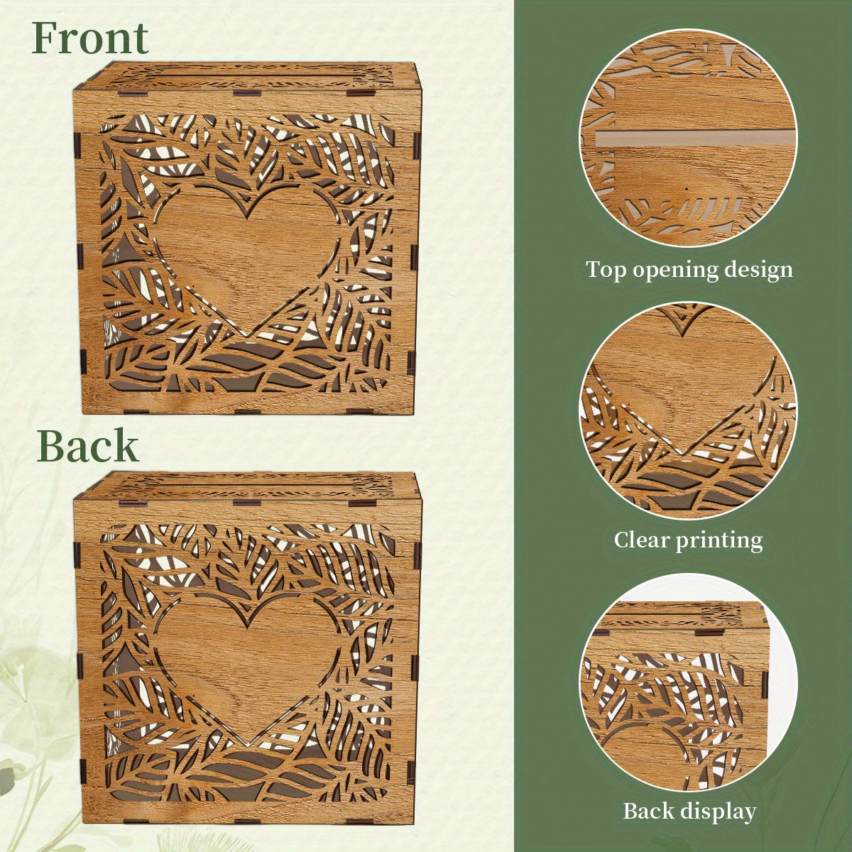 Tirelire urne à cartes en bois ajouré, motif cœur et feuillage
