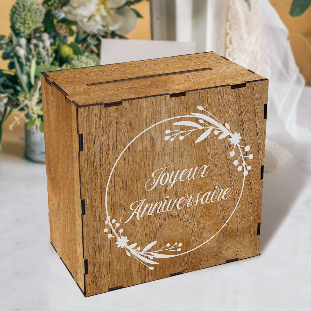 Tirelire urne en bois imprimée Joyeux Anniversaire, 25 cm