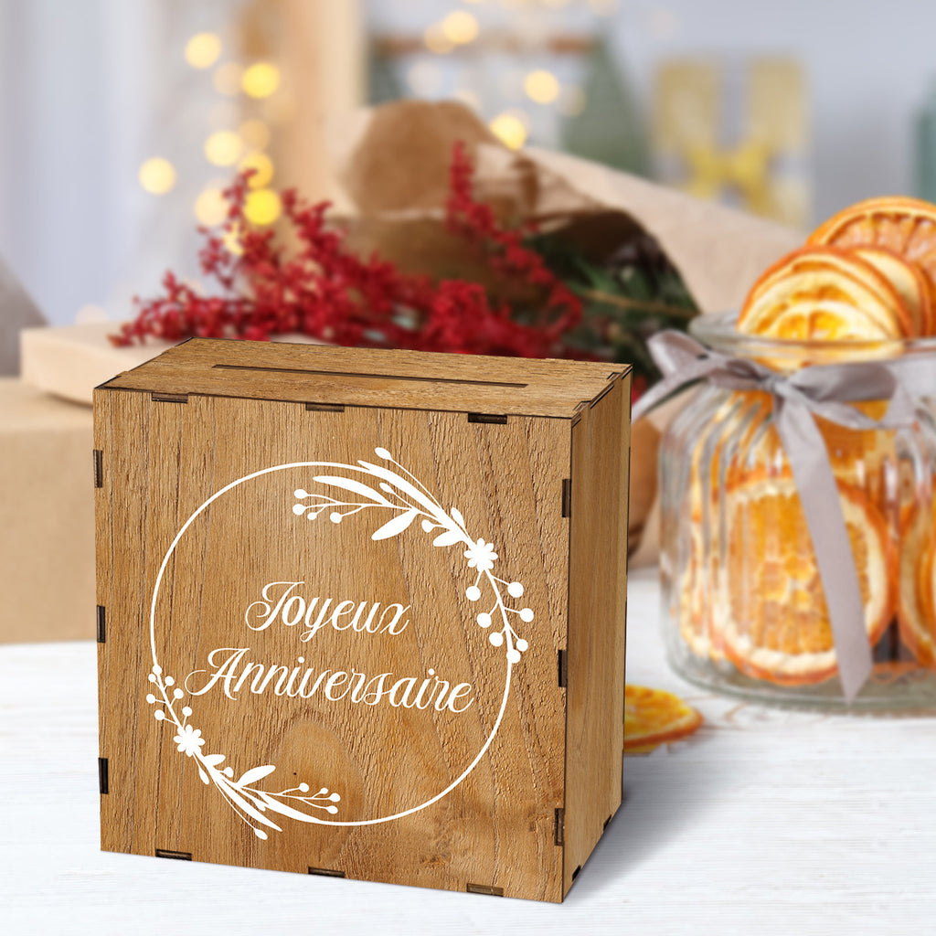 Tirelire urne en bois imprimée Joyeux Anniversaire, 25 cm