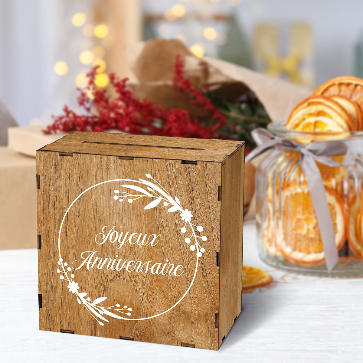 Tirelire urne en bois imprimée Joyeux Anniversaire, 25 cm