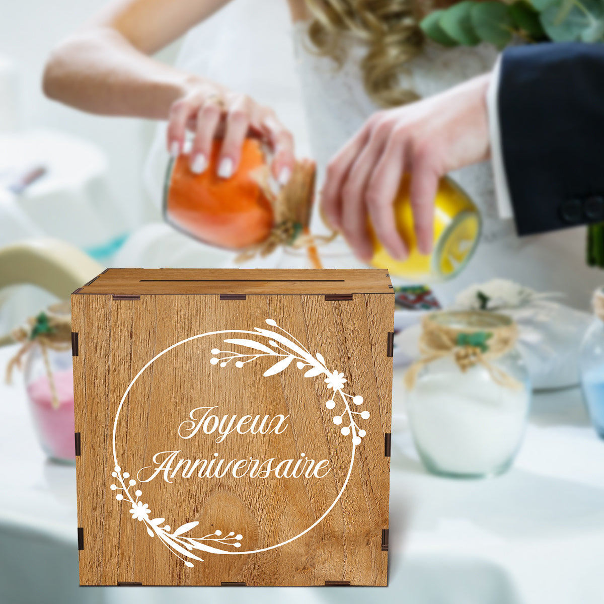 Tirelire urne en bois imprimée Joyeux Anniversaire, 25 cm