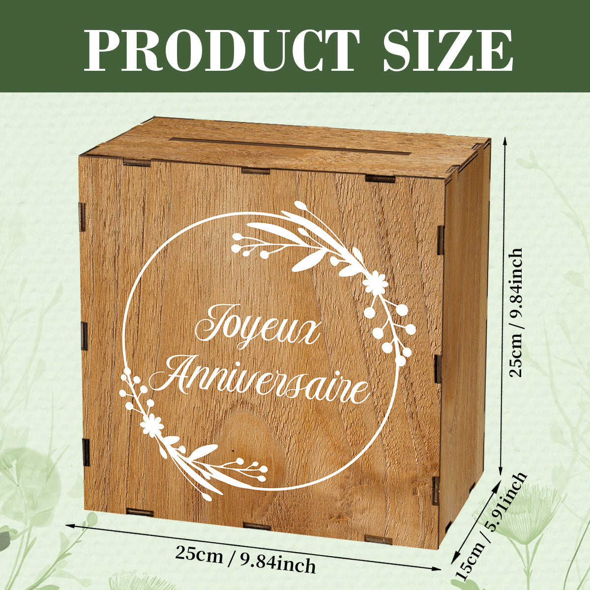Tirelire urne en bois imprimée Joyeux Anniversaire, 25 cm