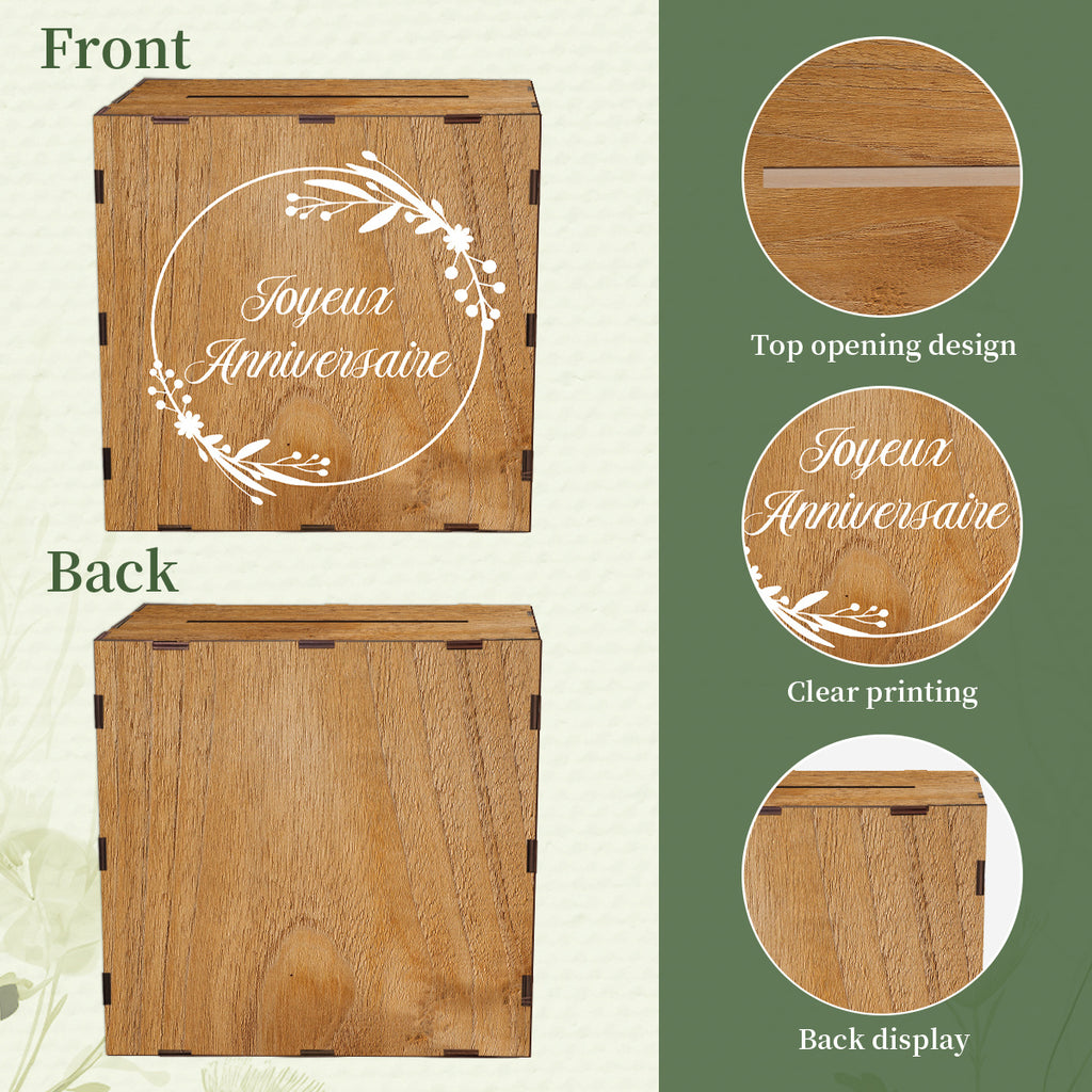 Tirelire urne en bois imprimée Joyeux Anniversaire, 25 cm