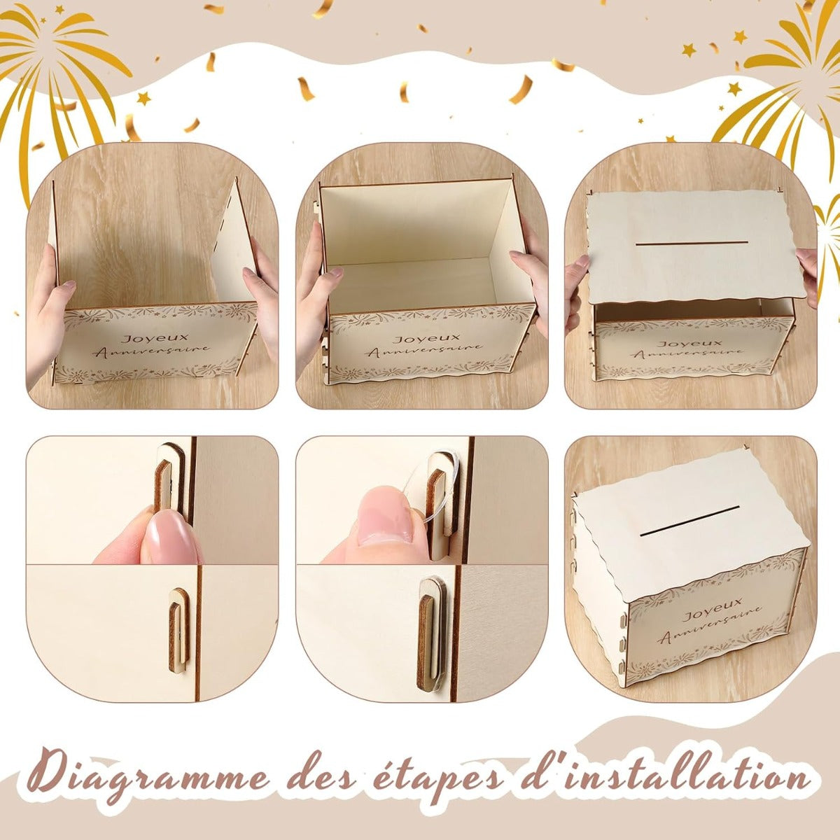 Tirelire urne cube en bois clair, motif feux d'artifice