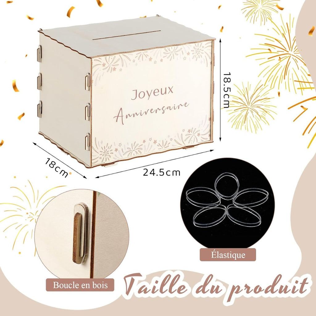 Tirelire urne cube en bois clair, motif feux d'artifice