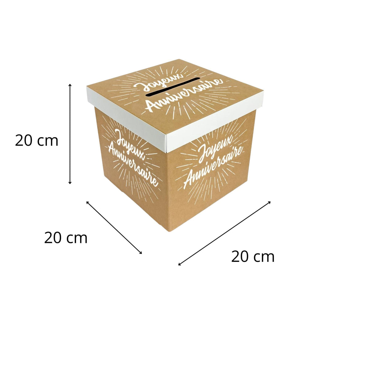Tirelire urne en carton kraft à couvercle blanc, cube 20 cm