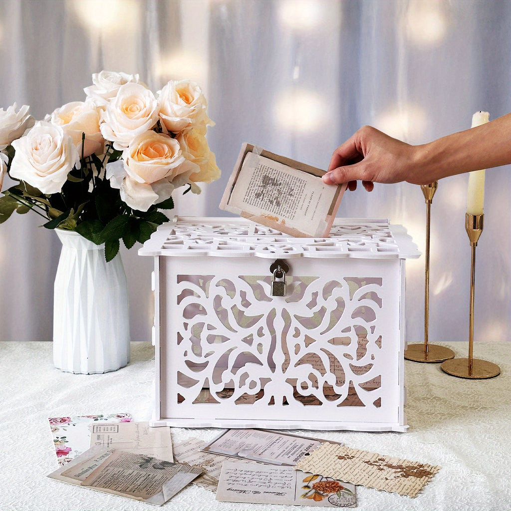 Tirelire urne de mariage en PVC blanc ajouré avec cadenas