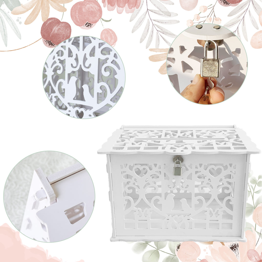 Tirelire urne de mariage en PVC blanc ajouré avec cadenas