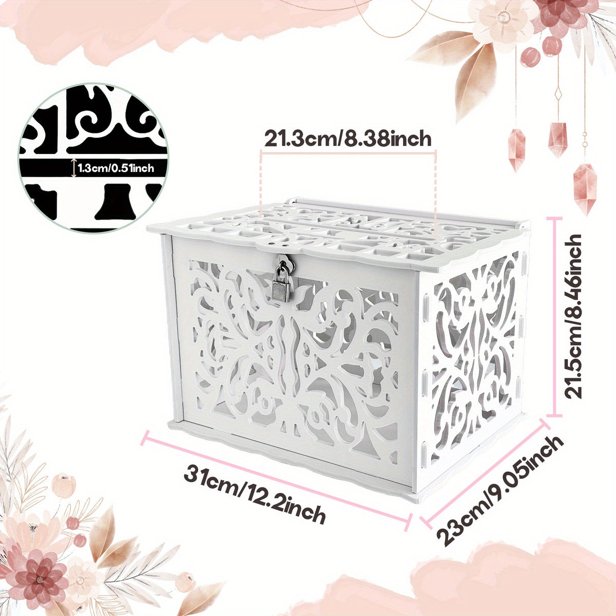 Tirelire urne de mariage en PVC blanc ajouré avec cadenas