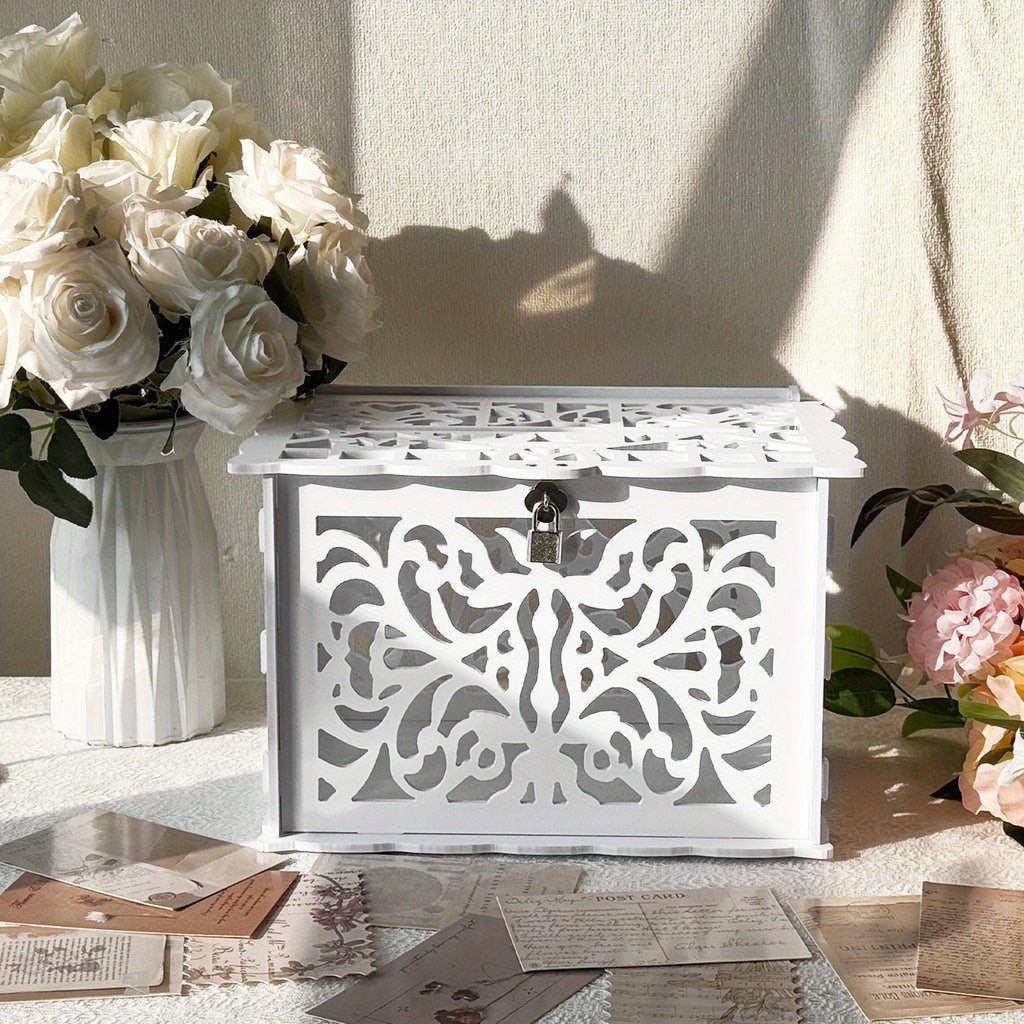 Tirelire urne de mariage en PVC blanc ajouré avec cadenas